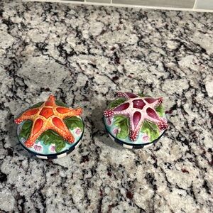 Blue Sky J McCall Starfish Ceramic Salt and Pepper shakers.  - Orange and Purple